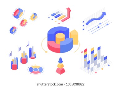 Isometric 3d charts and statistics with set diagrams and graphs. Concept collection finance and maths information. Low poly. Vector illustration.