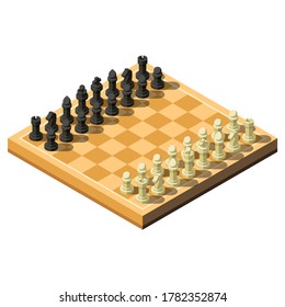 Isometric 3D Chess Play Game Figures Wooden Board Vector Design Style