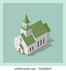 Isometric 3d Christian Catholic Church Building. Vector illustration. Architectural concept. Isolated model in flat, cartoon style. Can be used for wedding cards, game, web design.