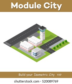 Isometric 3D city airport with transport aircraft and the runway. Skyscrapers, houses and streets with urban traffic movement of the car with trees and nature