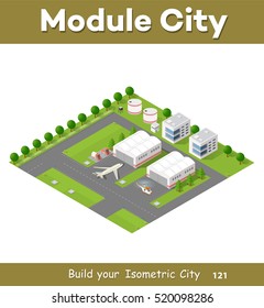 Isometric 3D city airport with transport aircraft and the runway. Skyscrapers, houses and streets with urban traffic movement of the car with trees and nature