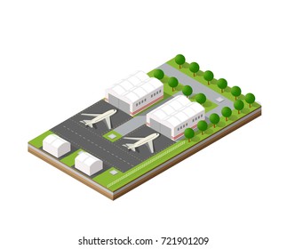 Isometric 3D city airport with transport aircraft and the runway. Skyscrapers, houses and streets with urban traffic movement of the car with trees and nature