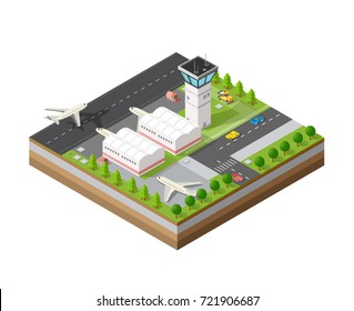 Isometric 3D city airport with transport aircraft and the runway. Skyscrapers, houses and streets with urban traffic movement of the car with trees and nature