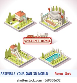 Isometric 3D City Building Ancient Rome Tile Epic Online Strategic Android Video Game. Isometric Flat 3D Tile Roman Imperial Rome Ancient Building. Vector Empire Icon City Game Set Building Collection