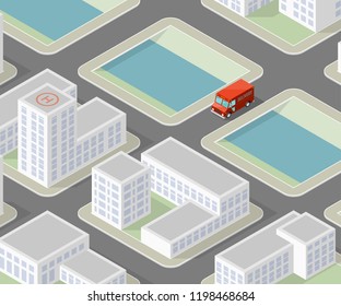 Isometric 3d city delivery van. Cargo truck transportation route, Fast delivery logistic 3d carrier transport, vector isometry city freight car infographic. Low poly style isometry vehicle truck town