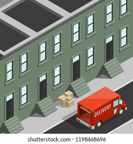 Isometric 3d city delivery van. Cargo truck transportation route, Fast delivery logistic 3d carrier transport, vector isometry city freight car infographic. Low poly style isometry vehicle truck town