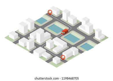 Isometric 3d city delivery van. Cargo truck transportation route, Fast delivery logistic 3d carrier transport, vector isometry city freight car infographic. Low poly style isometry vehicle truck town