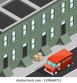 Isometric 3d city delivery van. Cargo truck transportation route, Fast delivery logistic 3d carrier transport, vector isometry city freight car infographic. Low poly style isometry vehicle truck town