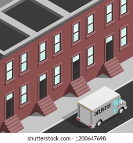 Isometric 3d city delivery van. Cargo truck transportation route, Fast delivery logistic 3d carrier transport, vector isometry city freight car infographic. Low poly style isometry vehicle truck town
