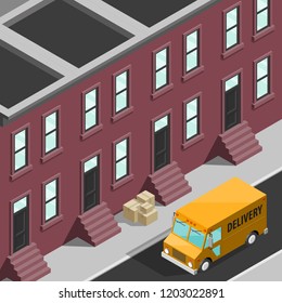 Isometric 3d city delivery van. Cargo truck transportation route, Fast delivery logistic 3d carrier transport, vector isometry city freight car infographic. Low poly style isometry vehicle truck town