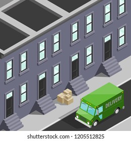 Isometric 3d city delivery van. Cargo truck transportation route, Fast delivery logistic 3d carrier transport, vector isometry city freight car infographic. Low poly style isometry vehicle truck town