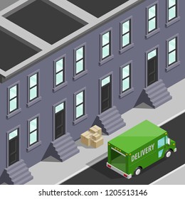 Isometric 3d city delivery van. Cargo truck transportation route, Fast delivery logistic 3d carrier transport, vector isometry city freight car infographic. Low poly style isometry vehicle truck town