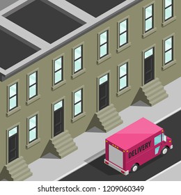 Isometric 3d city delivery van. Cargo truck transportation route, Fast delivery logistic 3d carrier transport, vector isometry city freight car infographic. Low poly style isometry vehicle truck town