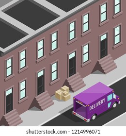 Isometric 3d city delivery van. Cargo truck transportation route, Fast delivery logistic 3d carrier transport, vector isometry city freight car infographic. Low poly style isometry vehicle truck town