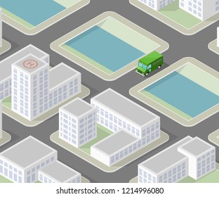 Isometric 3d city delivery van. Cargo truck transportation route, Fast delivery logistic 3d carrier transport, vector isometry city freight car infographic. Low poly style isometry vehicle truck town