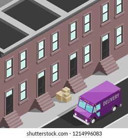 Isometric 3d city delivery van. Cargo truck transportation route, Fast delivery logistic 3d carrier transport, vector isometry city freight car infographic. Low poly style isometry vehicle truck town