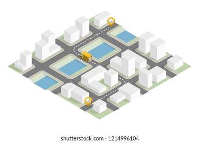 Isometric 3d city delivery van. Cargo truck transportation route, Fast delivery logistic 3d carrier transport, vector isometry city freight car infographic. Low poly style isometry vehicle truck town