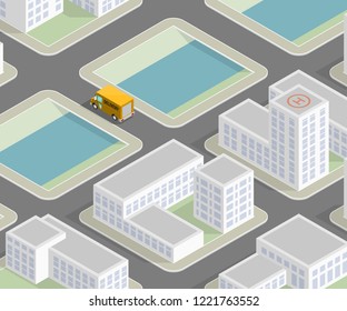Isometric 3d city delivery van. Cargo truck transportation route, Fast delivery logistic 3d carrier transport, vector isometry city freight car infographic. Low poly style isometry vehicle truck town
