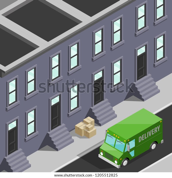 Isometric 3d city delivery van. Cargo truck\
transportation route, Fast delivery logistic 3d carrier transport,\
vector isometry city freight car infographic. Low poly style\
isometry vehicle truck\
town