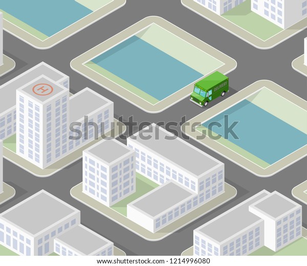 Isometric 3d city delivery van. Cargo truck\
transportation route, Fast delivery logistic 3d carrier transport,\
vector isometry city freight car infographic. Low poly style\
isometry vehicle truck\
town