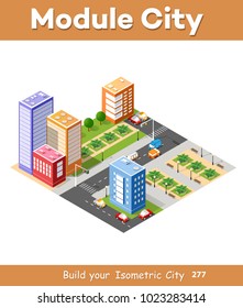 Isometric 3D city landscape infrastructure with roads, streets, houses, skyscrapers and trees.