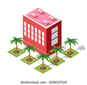 Isometric 3D city landscape infrastructure with skyscrapers and trees.
