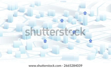 Isometric 3D city map with real estate and building location pins. Office location, housing market, GPS navigation. Change location announcement business home map. Vector illustration