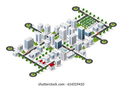 La megapolis isométrica de la ciudad en 3D estructura paisaje urbano vista superior con calles, casas, árboles y transporte