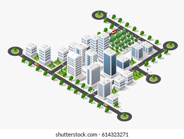 Isometric 3D city megapolis structure urban landscape top view with streets, houses, trees and transport