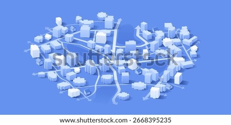 Isometric 3D City Model with Traffic Flow Arrows for Urban Planning and Logistics. Vector illustration
