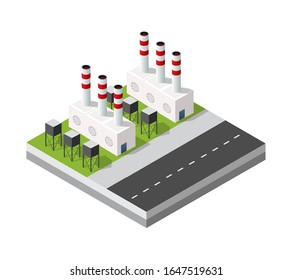 Isometric 3D city module industrial urban factory which includes buildings, power plants, heating gas, warehouse. Flat map isolated infographic element set structures