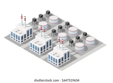 Módulo urbano isométrico 3D industrial fábrica urbana que incluye edificios, plantas de energía, gas de calefacción, almacén. Estructuras de conjunto de elementos infográficos aislados de mapa plano
