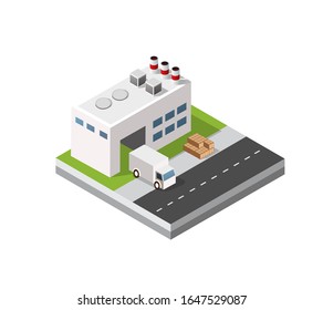 Isometric 3D city module industrial urban factory which includes buildings, power plants, heating gas, warehouse. Flat map isolated infographic element set structures