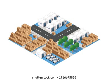 Isometric 3D City Module Industrial Urban Factory Which Includes Buildings, Power Plants, Heating Gas, Warehouse. Flat Map Isolated Infographic Element Set Structures