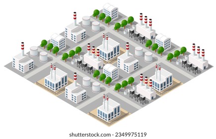 Isometric 3D city module industrial urban factory which includes buildings, power plants, heating gas, warehouse. Flat map isolated  element set structures