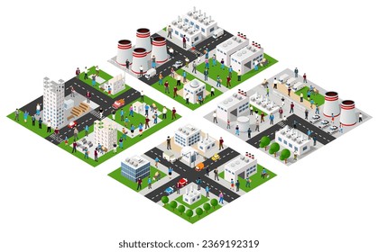 Isometric 3D city module industrial urban factory which includes buildings, power plants, heating gas, warehouse. Flat map isolated element set structures