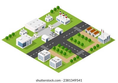 Isometric 3D city module industrial urban factory which includes buildings, power plants, heating gas, warehouse. Flat map isolated  element set structures