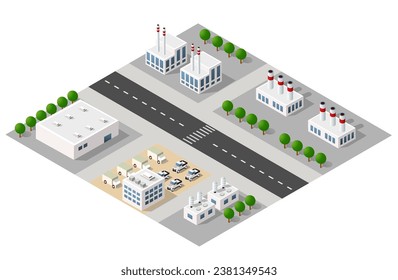 Isometric módulo de la ciudad 3D industrial fábrica urbana que incluye edificios, plantas de energía, gas de calefacción, almacén. Estructuras de conjunto de elementos aislados de mapa plano