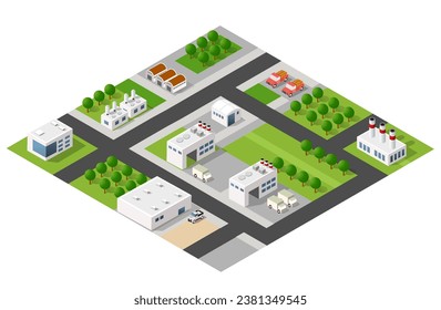 Isometric módulo de la ciudad 3D industrial fábrica urbana que incluye edificios, plantas de energía, gas de calefacción, almacén. Estructuras de conjunto de elementos aislados de mapa plano