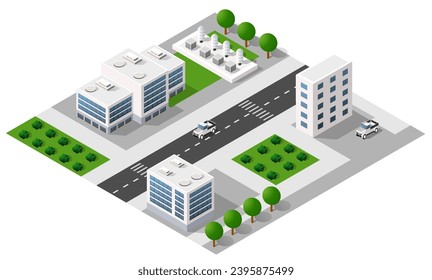 Isometric 3D city module industrial urban factory which includes buildings, power plants, heating gas, warehouse. Flat map isolated infographic element set structures