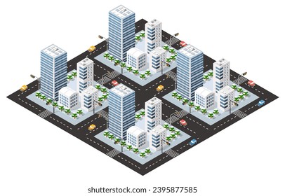 Isometric 3D city module industrial urban factory which includes buildings, power plants, heating gas, warehouse. Flat map isolated infographic element set structures