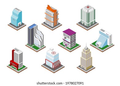 Isometric 3D city set, icon collection. Skyscrapers, hotels, apartments, condominiums, offices, shopping malls, hospitals, casino complexes