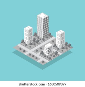 La ciudad isométrica 3D con rascacielos de la arquitectura vectorial de construcción urbana. Ilustración moderna en blanco para el diseño y el fondo de forma empresarial.