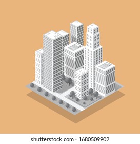 The Isometric 3D City With Skyscraper From Urban Building Vector Architecture. Modern White Illustration For Design And Business Shape Background.