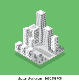The isometric 3D city with skyscraper from urban building vector architecture. Modern white illustration for design and business shape background.
