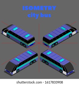 Isometric 3D city three-axle bus in four projections