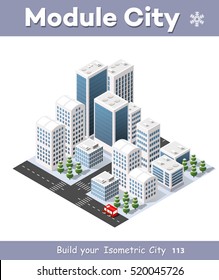 Isometric 3D city three-dimensional winter town quarter. Skyscrapers, apartment, office, houses and streets with urban traffic movement of the car with trees and nature