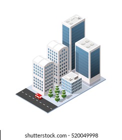 Isometric 3D city three-dimensional winter town quarter. Skyscrapers, apartment, office, houses and streets with urban traffic movement of the car with trees and nature