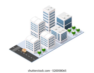 Isometric 3D city three-dimensional winter town quarter. Skyscrapers, apartment, office, houses and streets with urban traffic movement of the car with trees and nature