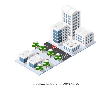 Isometric 3D city three-dimensional winter town quarter. Skyscrapers, apartment, office, houses and streets with urban traffic movement of the car with trees and nature